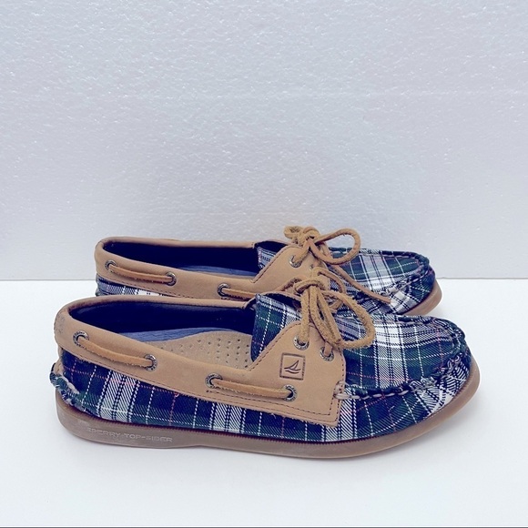 Sperry Top-Sider A/O 2 Eye Plaid Boat Shoe | Blue Green | Size 6.5M - Picture 1 of 8